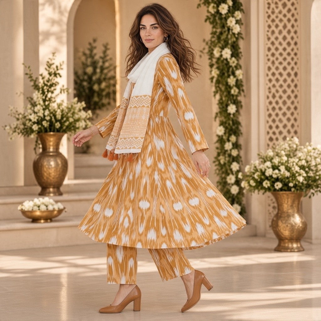 Mustard Ikat Print Anarkali Suit with Dupatta