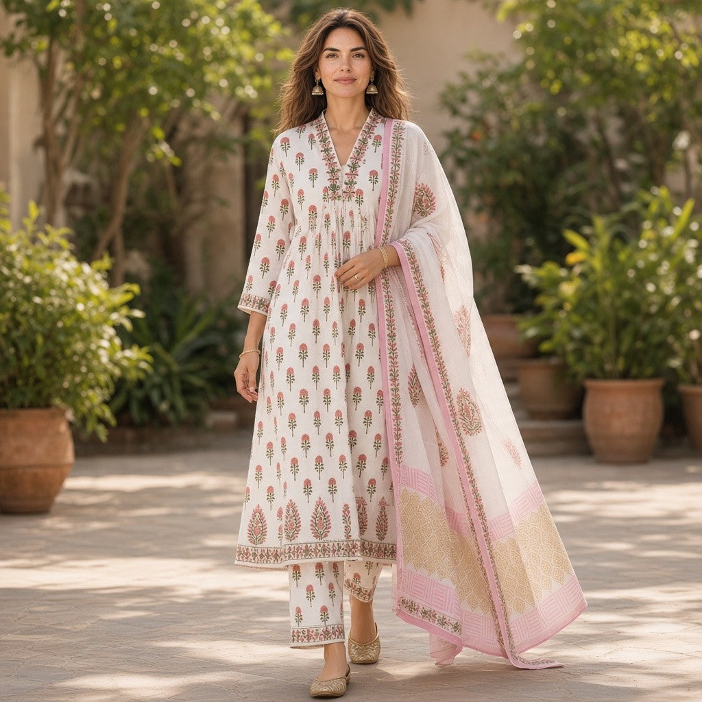 Elegant White Floral Anarkali Suit with Printed Dupatta