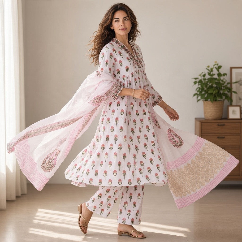 Elegant White Floral Anarkali Suit with Printed Dupatta