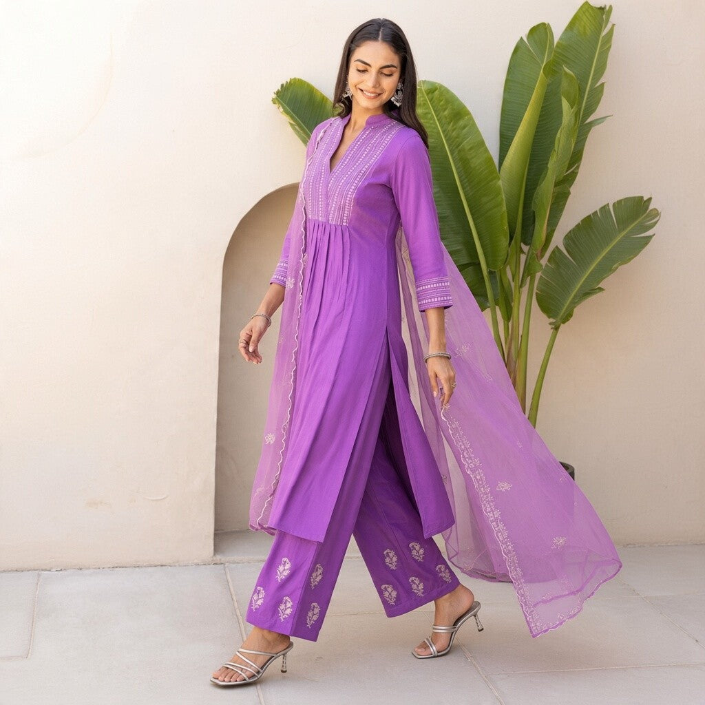 Elegant Lavender Embroidered Kurta Palazzo Set with Dupatta