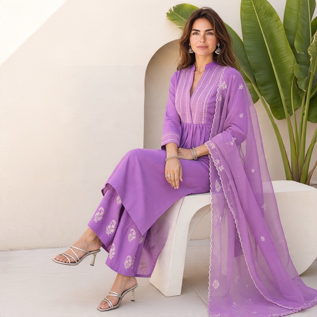 Elegant Lavender Embroidered Kurta Palazzo Set with Dupatta