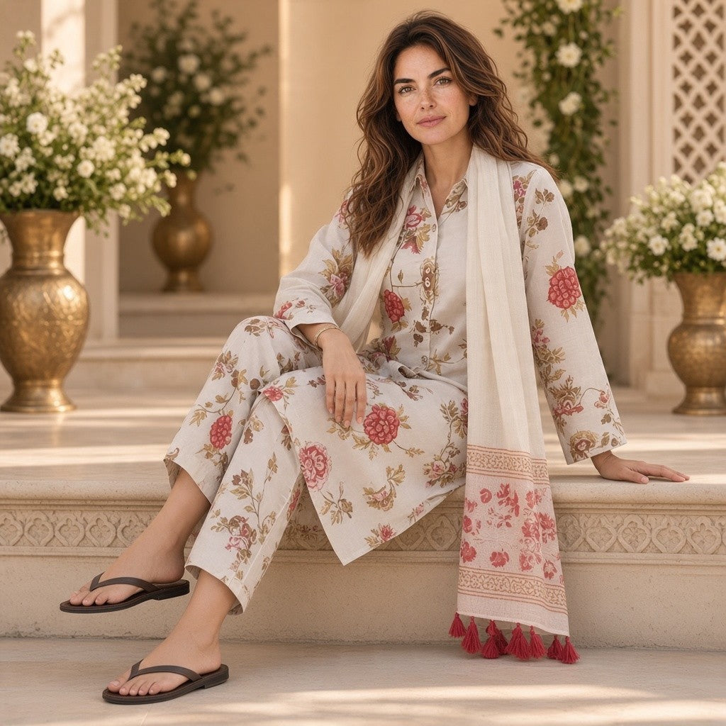 Ivory Floral Printed Kurta Pant Set with Dupatta