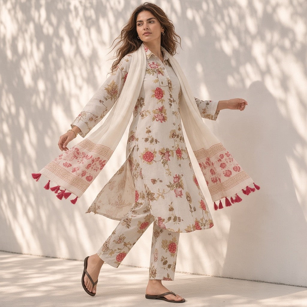 Ivory Floral Printed Kurta Pant Set with Dupatta
