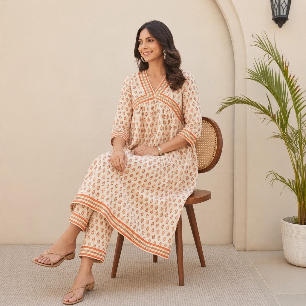 Ivory & Rust Printed Kurta Set