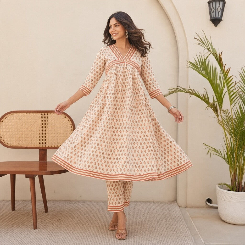 Ivory & Rust Printed Kurta Set