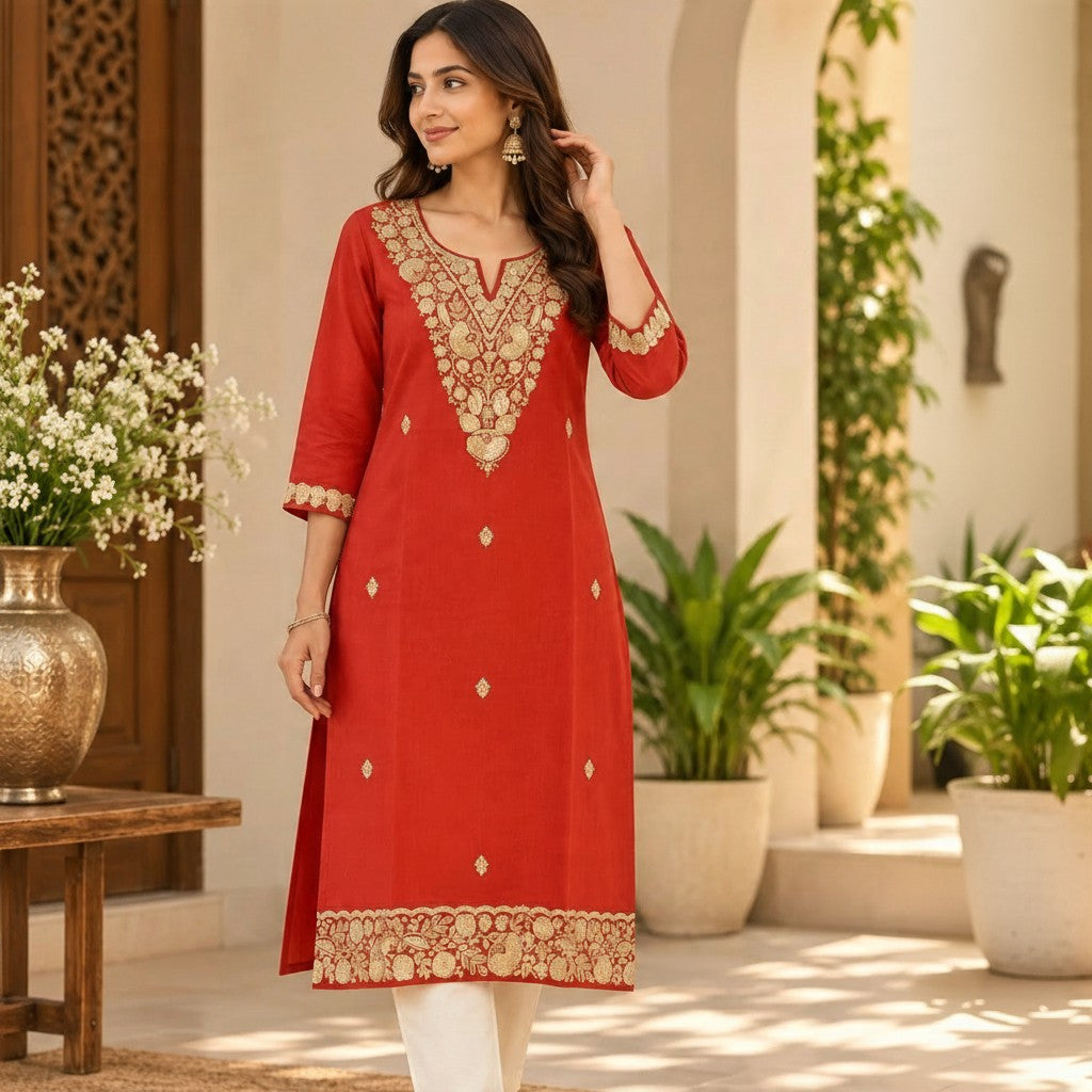 Red Embroidered Kurta set