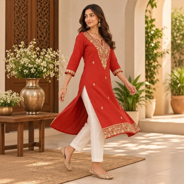 Red Embroidered Kurta set