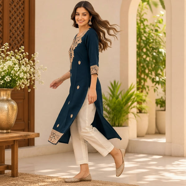 Navy Blue Embroidered Kurta set