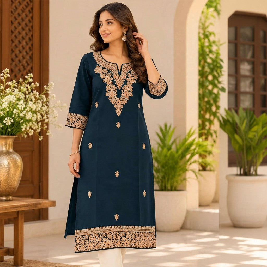 Navy Blue Embroidered Kurta set