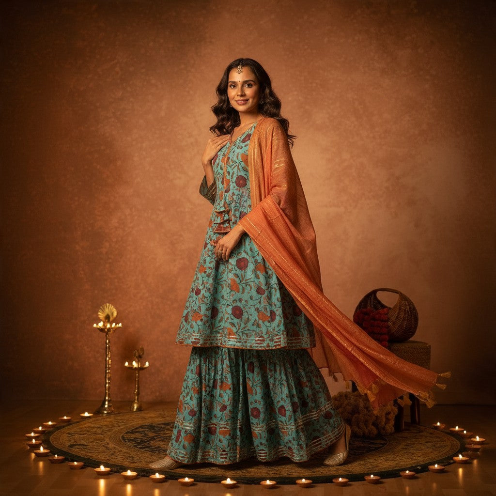 Blue Floral Printed Anarkali Suit with Rust Dupatta Set