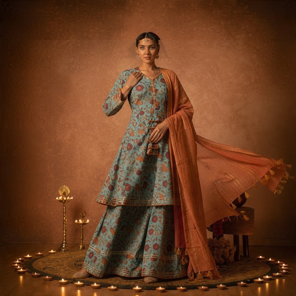 Blue Floral Printed Anarkali Suit with Rust Dupatta Set