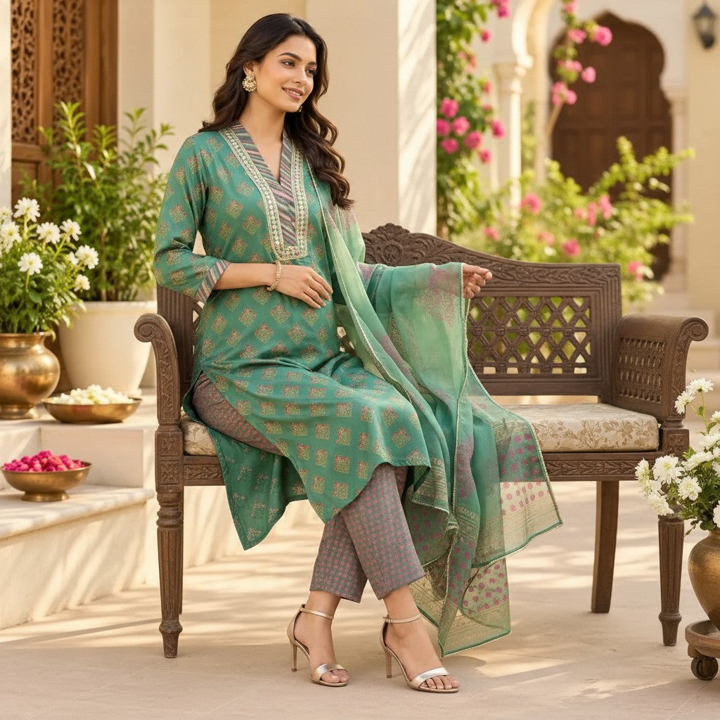 Emerald Green Printed Salwar Suit Set