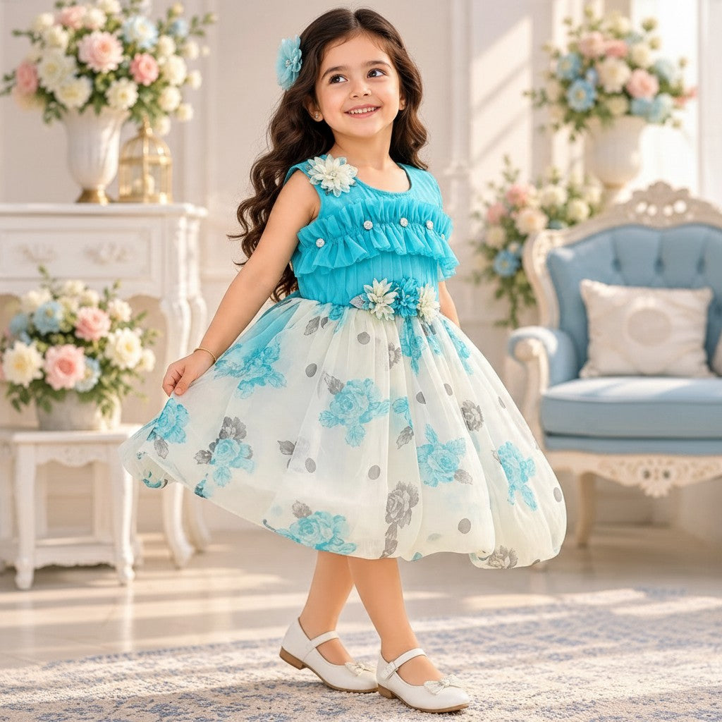 Aqua Floral Kids Frock
