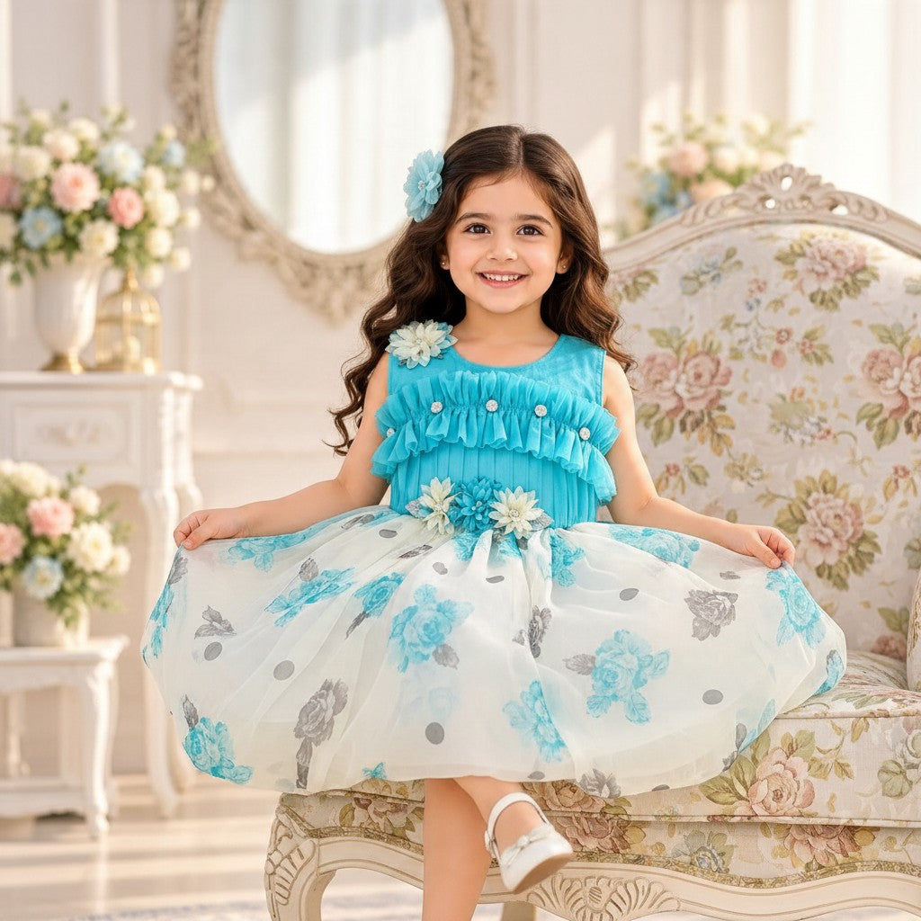 Aqua Floral Kids Frock