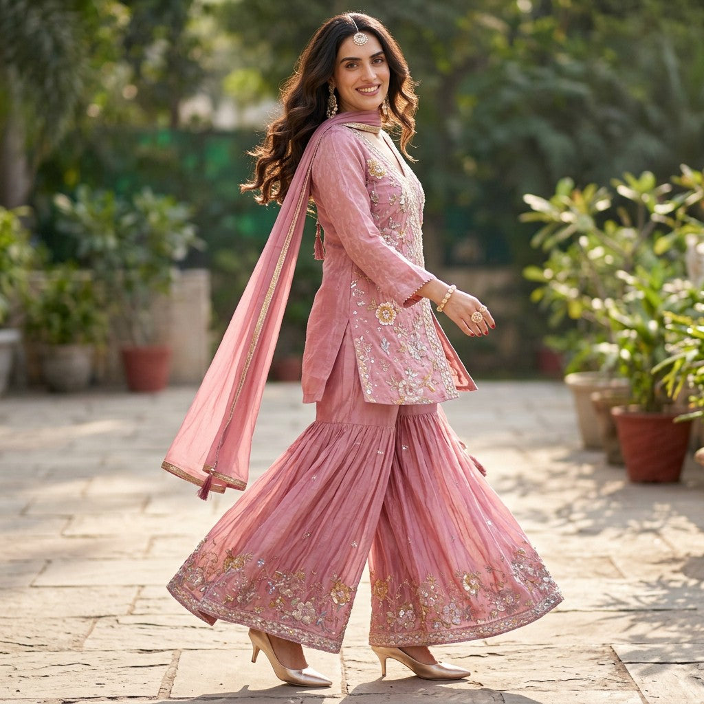 Blush Pink Embroidered Kurta Set with Sharara & Dupatta