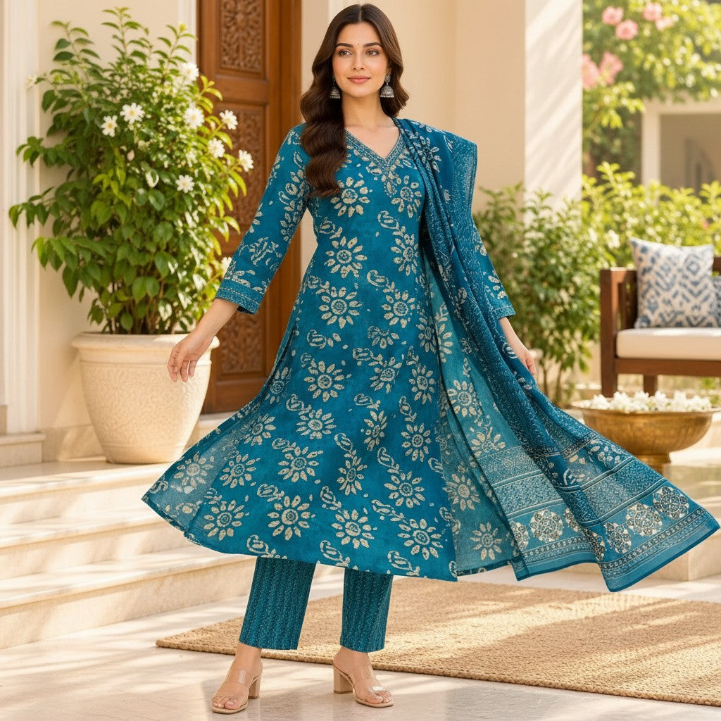 Teal Blue Floral Printed Kurti Set with Dupatta