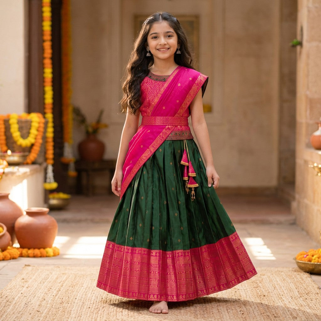 Kids Emerald Green & Rani Pink Silk Traditional Lehenga Set with Zari Dupatta