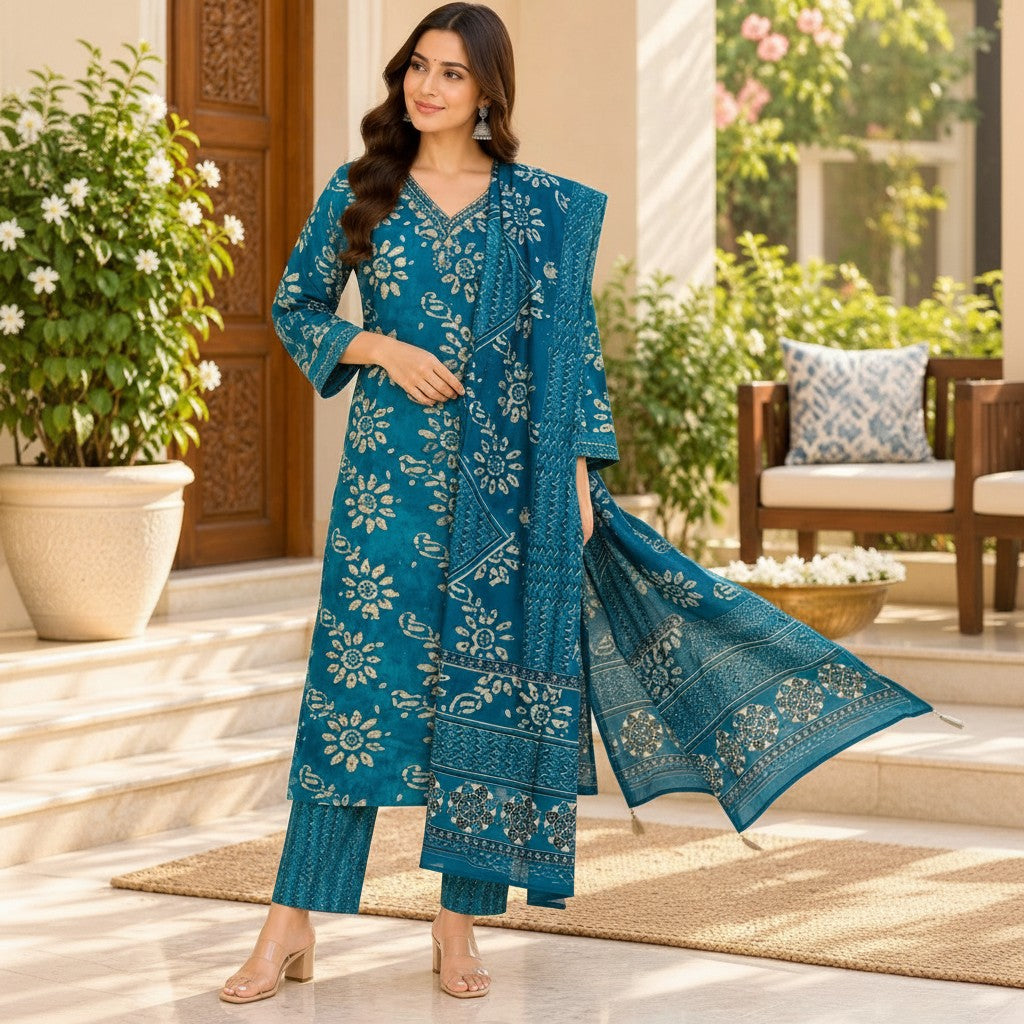Teal Blue Floral Printed Kurti Set with Dupatta