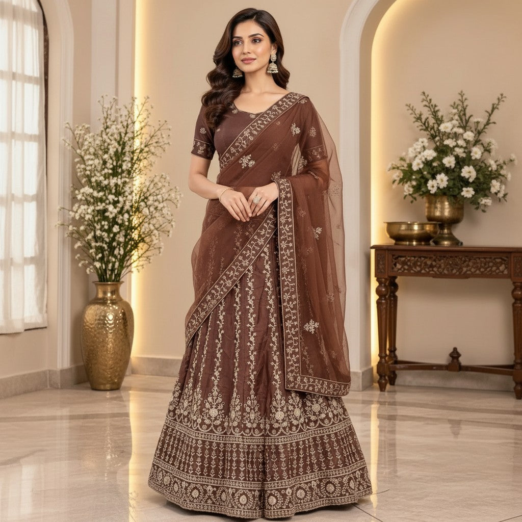 Chocolate Brown Designer Embroidered Lehenga Saree with Sheer Dupatta