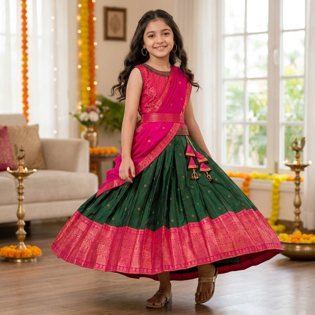 Kids Emerald Green & Rani Pink Silk Traditional Lehenga Set with Zari Dupatta