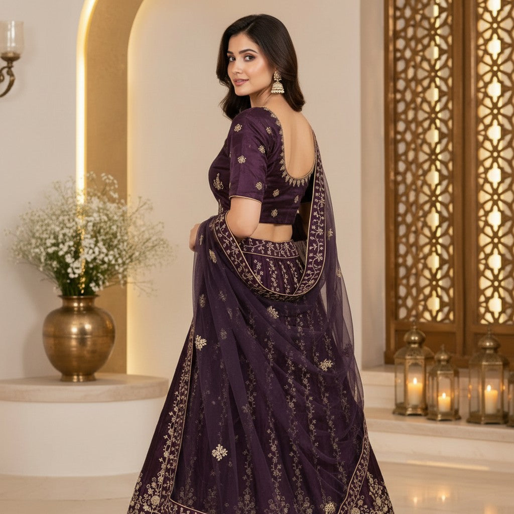 Elegant Deep Plum Embroidered Lehenga Set with Sheer Dupatta