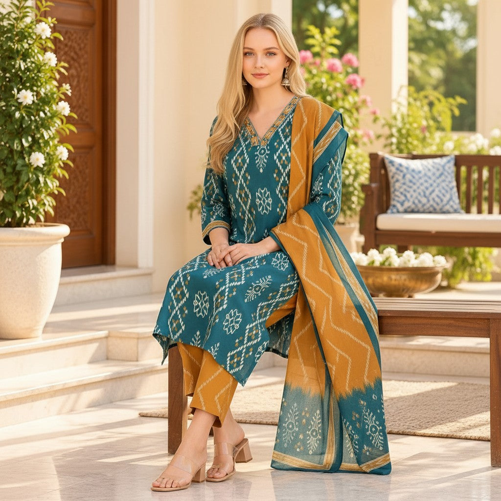 Teal Blue & Mustard Printed Kurti Set with Dupatta