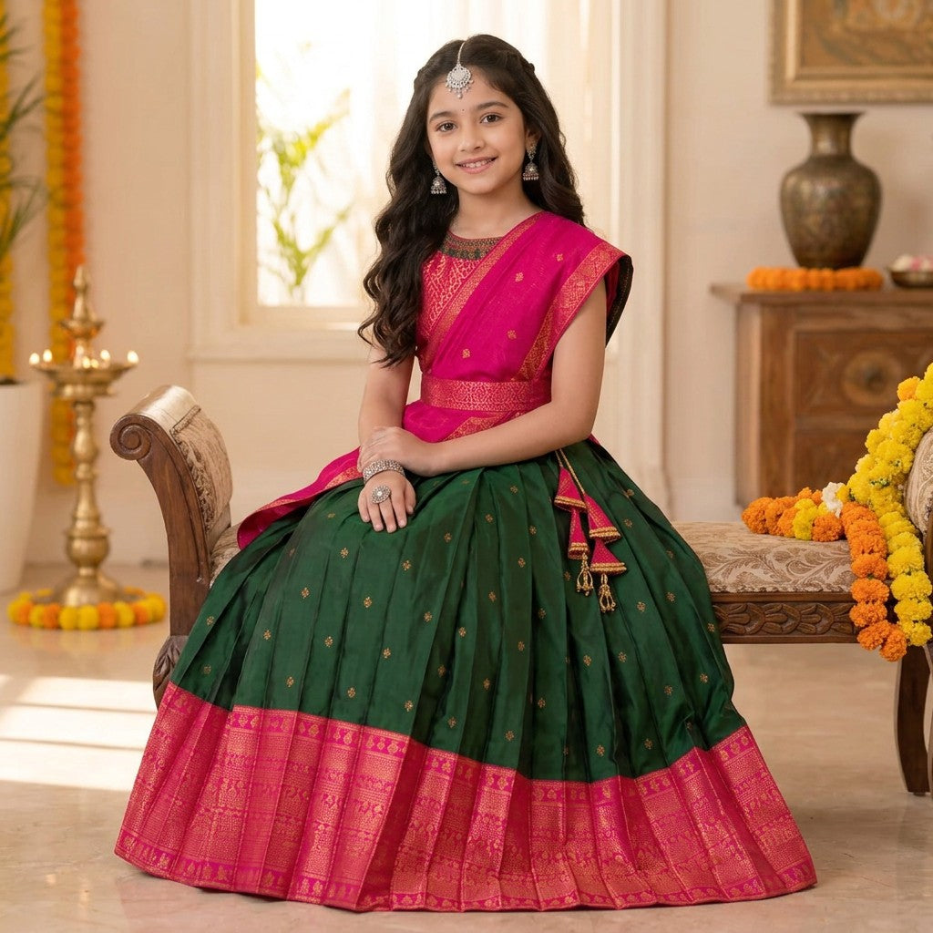 Kids Emerald Green & Rani Pink Silk Traditional Lehenga Set with Zari Dupatta
