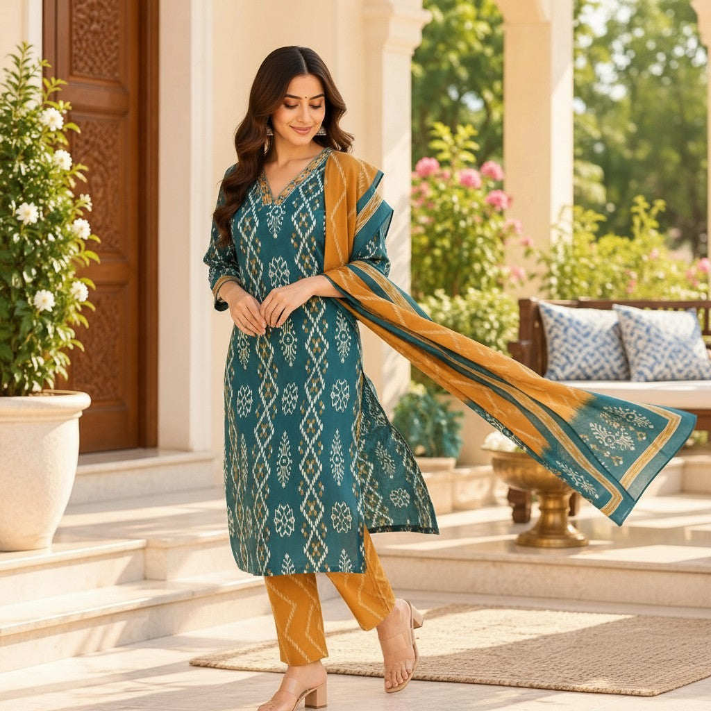 Teal Blue & Mustard Printed Kurti Set with Dupatta