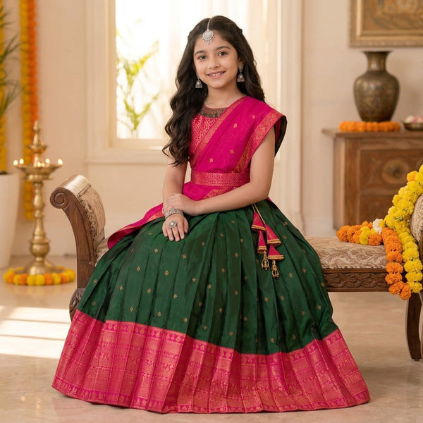 Kids Emerald Green & Rani Pink Silk Traditional Lehenga Set with Zari Dupatta
