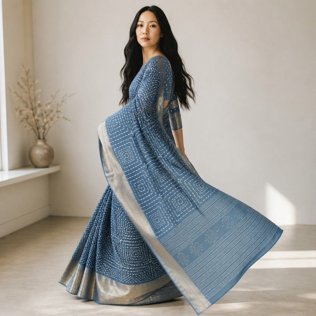 Elegant Dusty Blue Printed Saree with Silver Zari Border