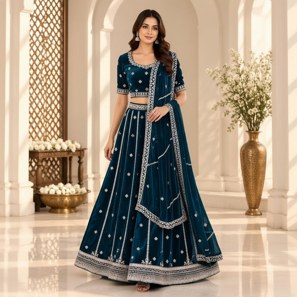 Deep Teal Velvet Embroidered Lehenga Set