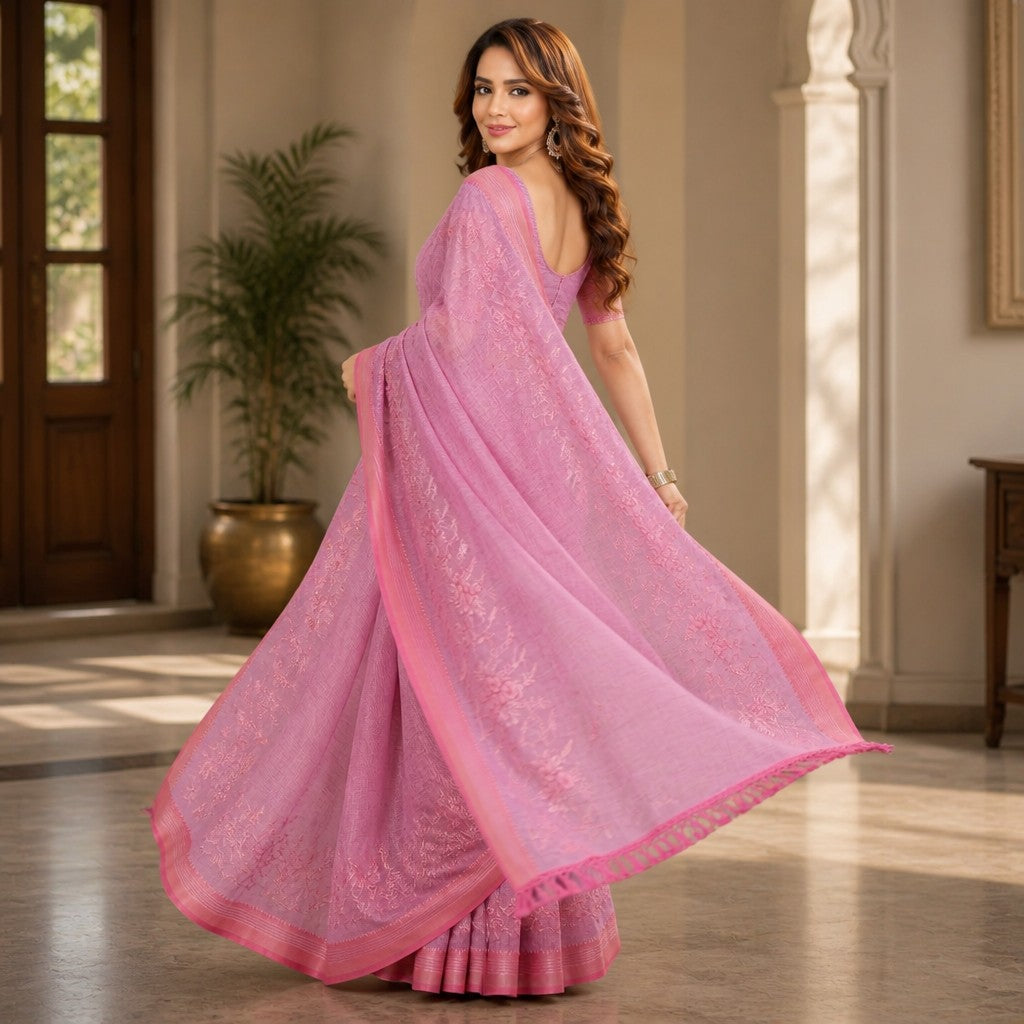 Elegant Pastel Pink Floral Embroidered Linen Saree with Contrast Woven Border