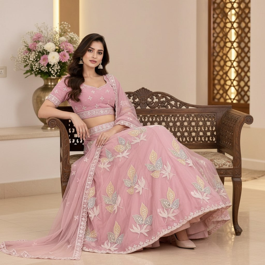 Elegant Blush Pink Floral Embroidered Lehenga Set with Sheer Dupatta