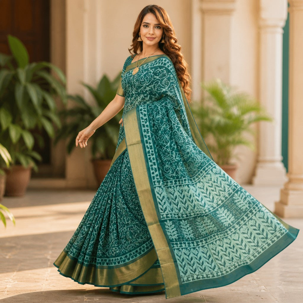 Teal Green Printed Saree with Elegant Gold Border