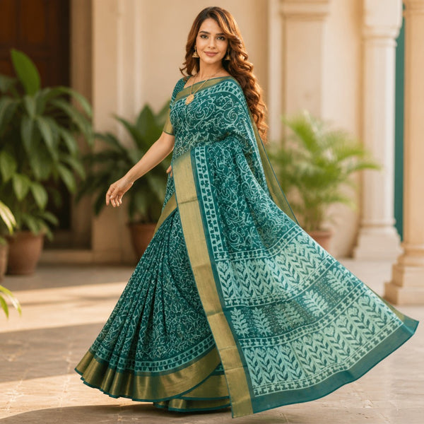 Teal Green Printed Saree with Elegant Gold Border