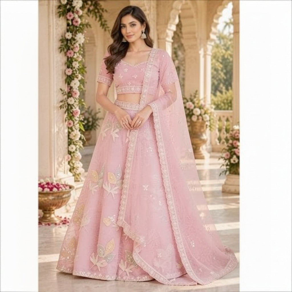 Elegant Blush Pink Floral Embroidered Lehenga Set with Sheer Dupatta