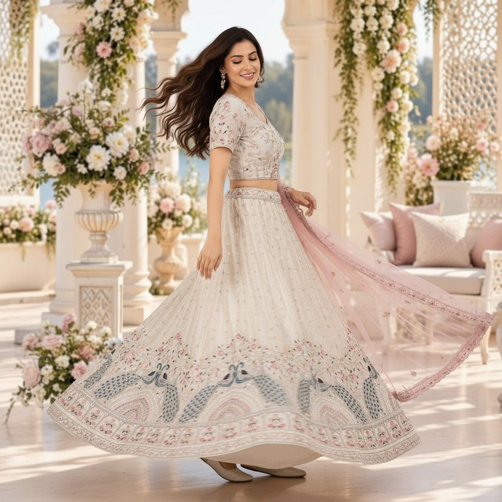 Elegant White & Blush Pink Embroidered Lehenga Set with Dupatta