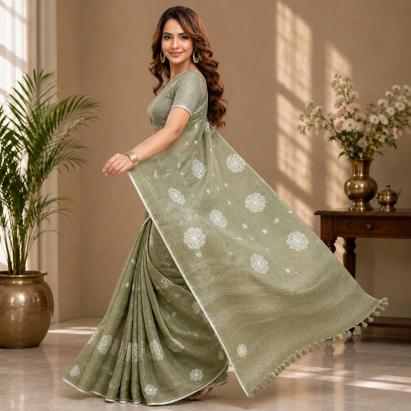 Elegant Sage Green Embroidered Linen Blend Saree with White Floral Butta