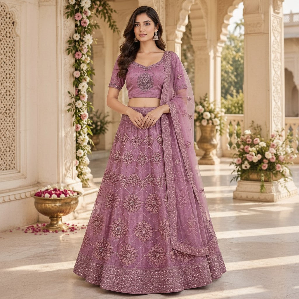 Elegant Mauve Pink Floral Embroidered Lehenga Set with Sheer Dupatta