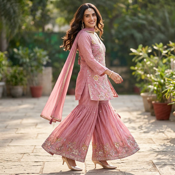 Blush Pink Embroidered Kurta Set with Sharara & Dupatta