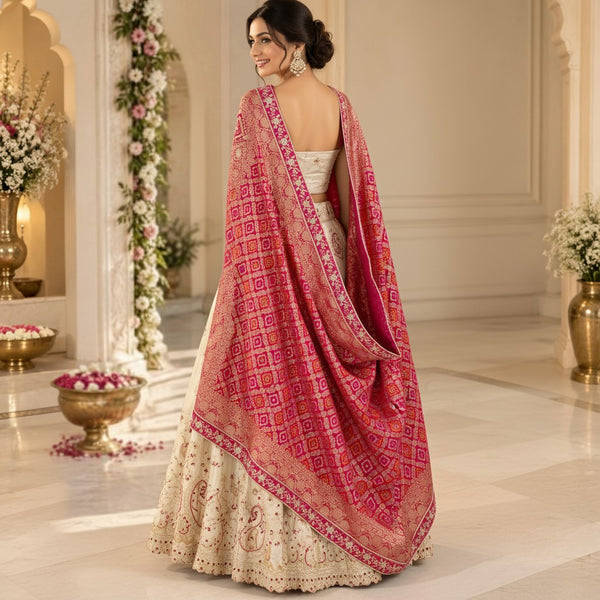 Ivory & Fuchsia Pink Embroidered Bridal Lehenga Set with Designer Cape