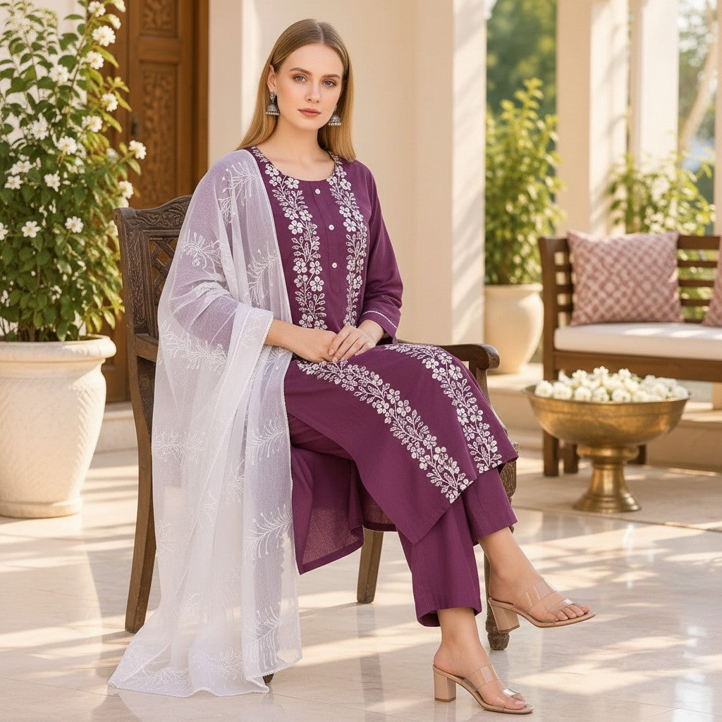 Plum Floral Embroidered Kurti Set with White Dupatta