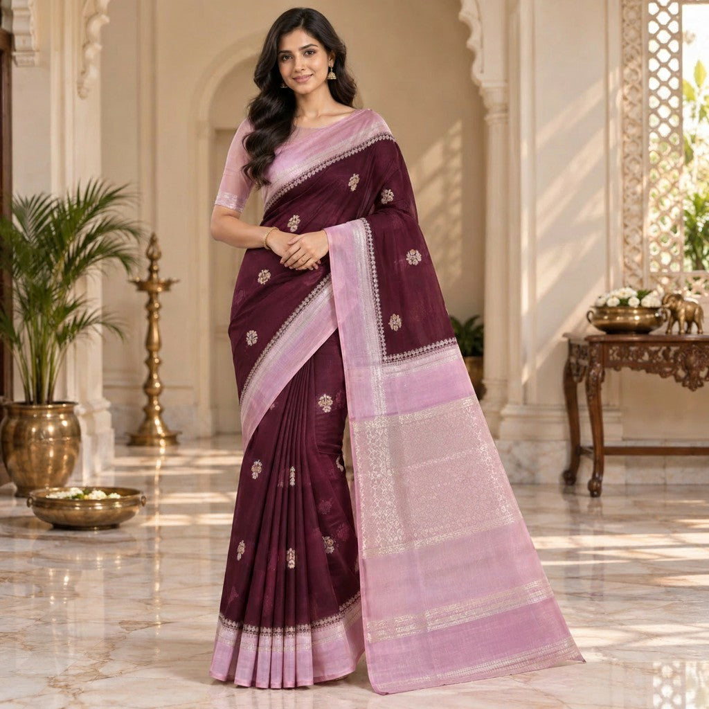 Wine Purple Silk Saree with Floral Motifs, Lilac Zari Border & Designer Pallu