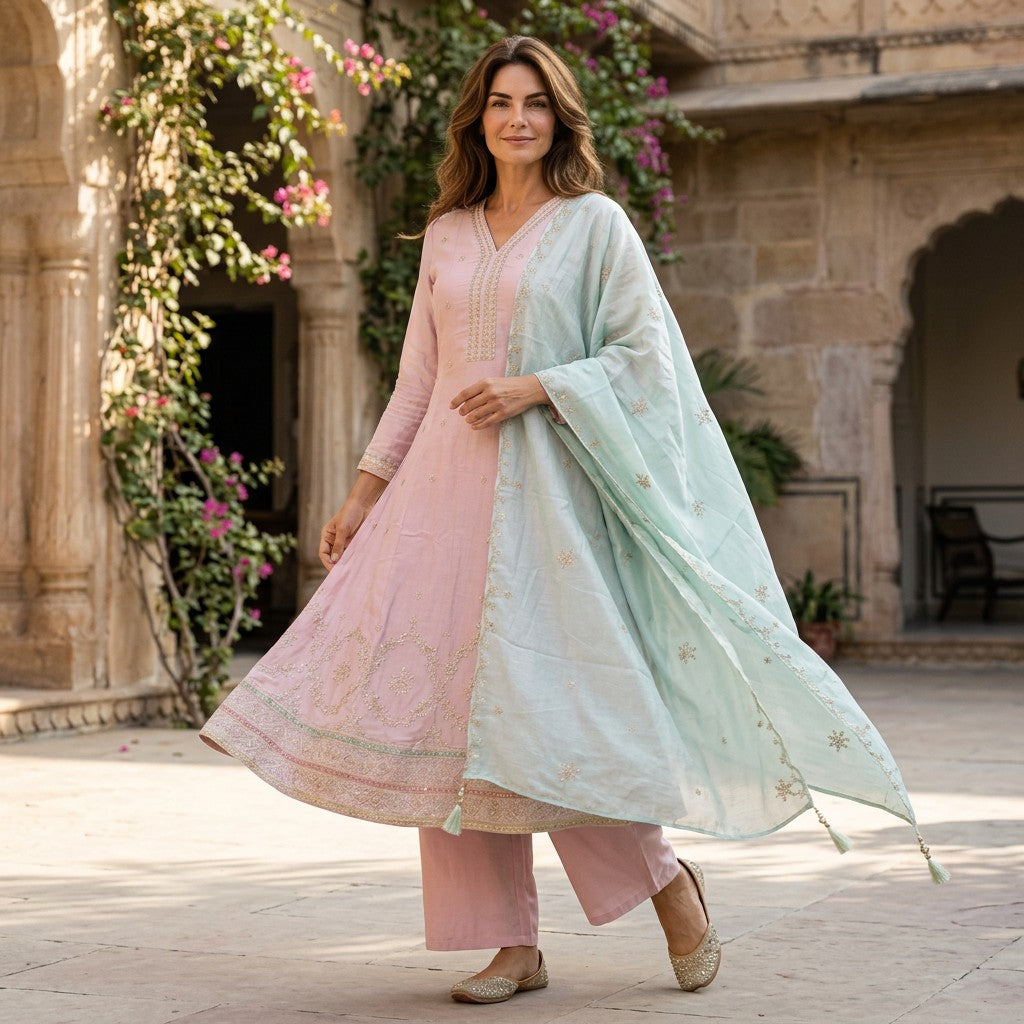Pastel Pink Embroidered Straight Kurta Set with Mint Green Dupatta