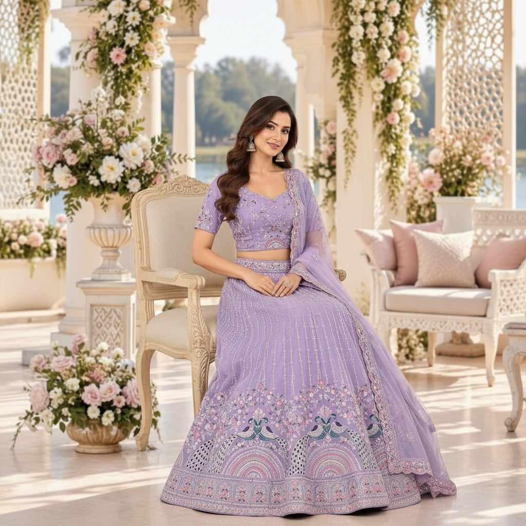 Lavender Embroidered Lehenga Choli with Sheer Dupatta