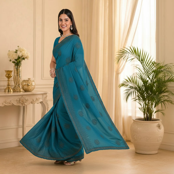 Teal Blue Designer Saree with Intricate Woven Motifs
