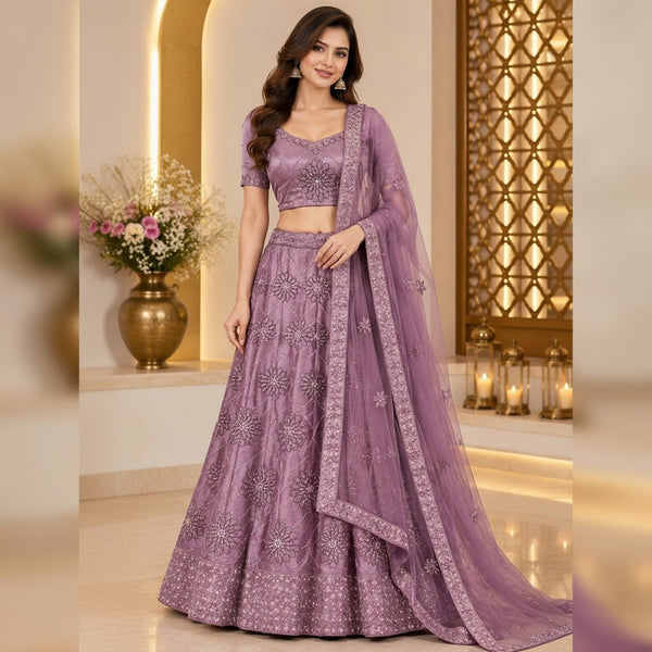 Lavender Floral Embroidered Lehenga Set with Sheer Dupatta