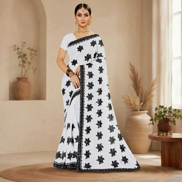Classic White & Black Floral Saree