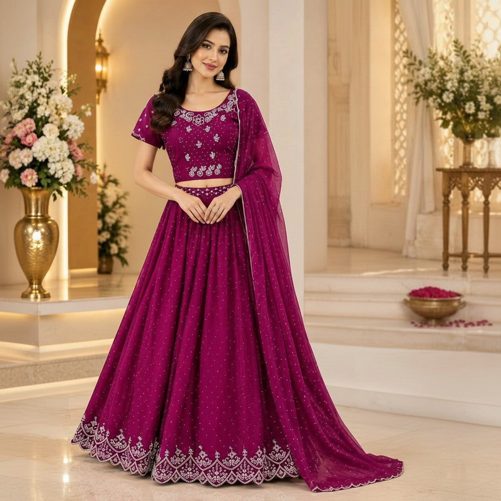 Royal Magenta Embroidered Lehenga Set with Sheer Dupatta