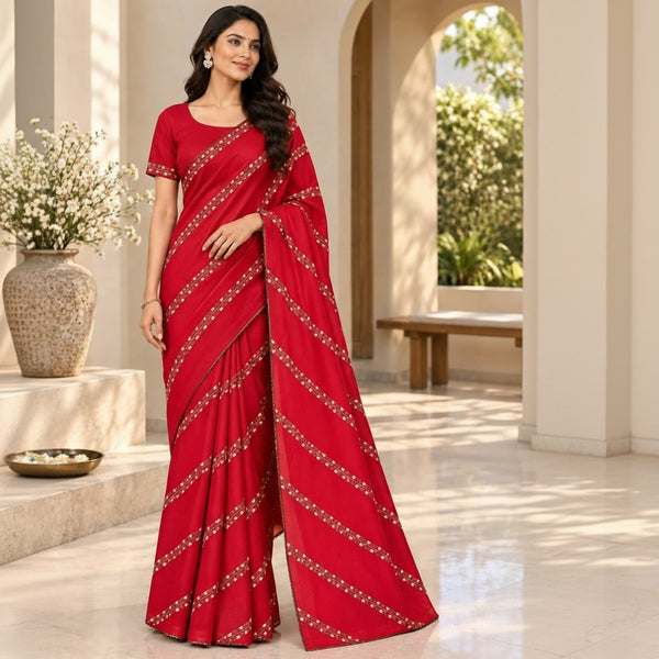 Elegant Crimson Red Printed Saree with Floral Embroidered Border